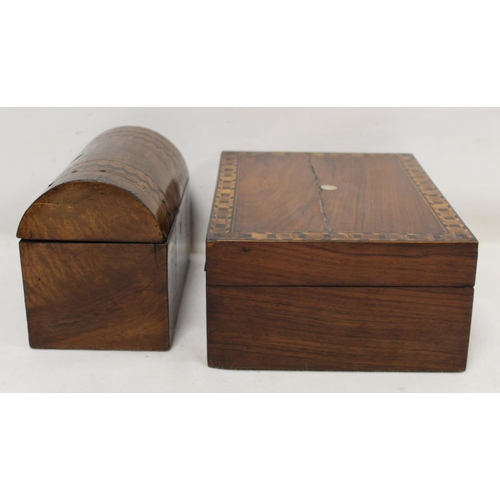 207 - Victorian burr walnut tea caddy of domed rectangular form with marquetry banding, the interior with ... 