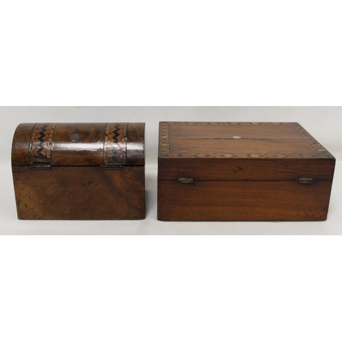 207 - Victorian burr walnut tea caddy of domed rectangular form with marquetry banding, the interior with ... 