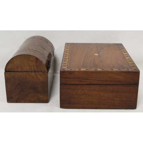 207 - Victorian burr walnut tea caddy of domed rectangular form with marquetry banding, the interior with ... 