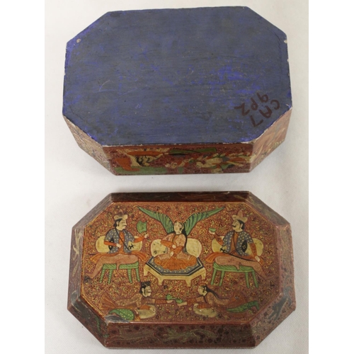 208 - 19th to early 20th century Indian painted wooden box of canted rectangular form with panels of figur... 