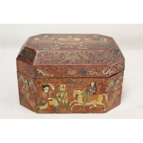 208 - 19th to early 20th century Indian painted wooden box of canted rectangular form with panels of figur... 