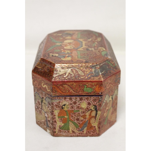 208 - 19th to early 20th century Indian painted wooden box of canted rectangular form with panels of figur... 