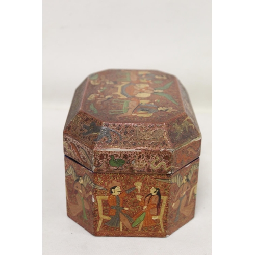 208 - 19th to early 20th century Indian painted wooden box of canted rectangular form with panels of figur... 