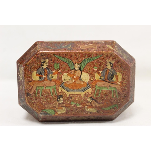 208 - 19th to early 20th century Indian painted wooden box of canted rectangular form with panels of figur... 