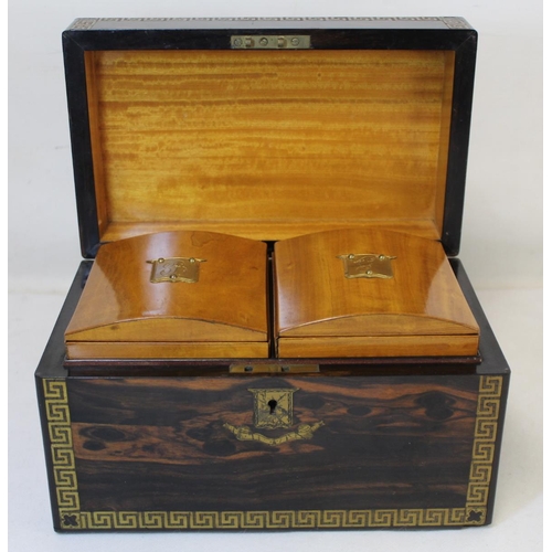 209 - Good Victorian coromandel wood tea caddy of rectangular form with inlaid brass panel inscribed 