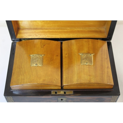 209 - Good Victorian coromandel wood tea caddy of rectangular form with inlaid brass panel inscribed 