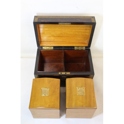 209 - Good Victorian coromandel wood tea caddy of rectangular form with inlaid brass panel inscribed 