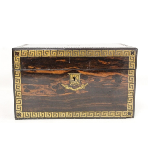 209 - Good Victorian coromandel wood tea caddy of rectangular form with inlaid brass panel inscribed 