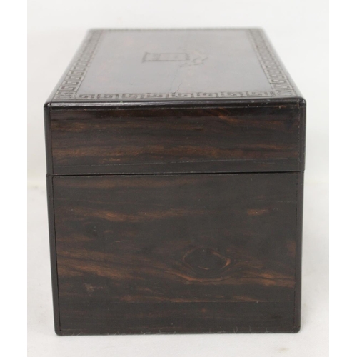 209 - Good Victorian coromandel wood tea caddy of rectangular form with inlaid brass panel inscribed 