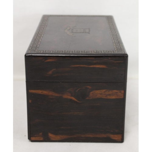 209 - Good Victorian coromandel wood tea caddy of rectangular form with inlaid brass panel inscribed 