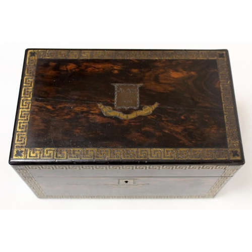 209 - Good Victorian coromandel wood tea caddy of rectangular form with inlaid brass panel inscribed 