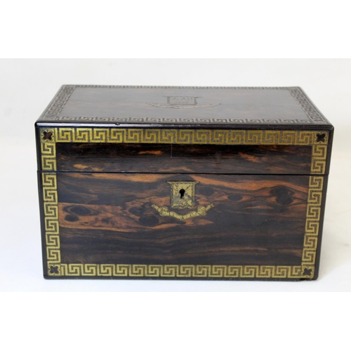 209 - Good Victorian coromandel wood tea caddy of rectangular form with inlaid brass panel inscribed 