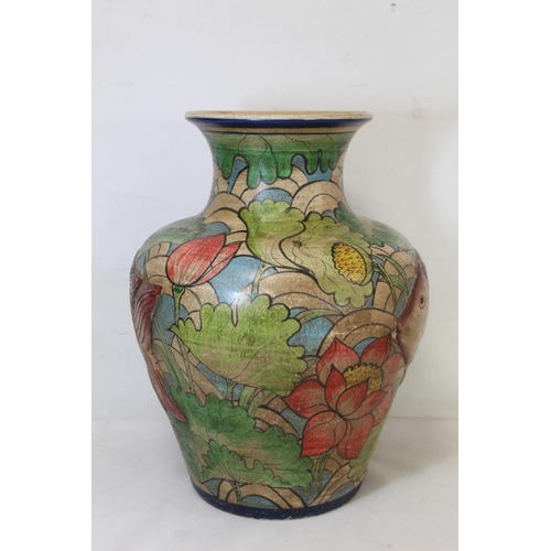 210 - Large Art Pottery painted terracotta vase of baluster form decorated in polychrome with two relief m... 