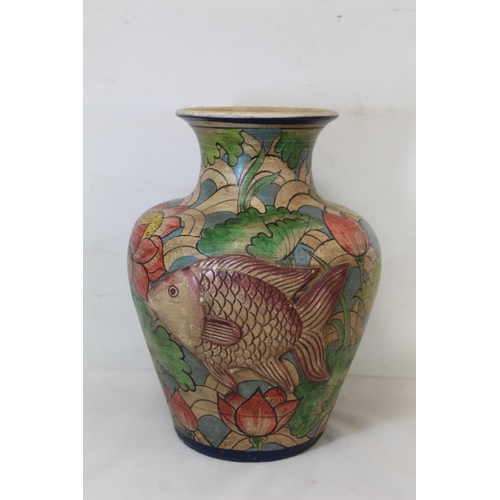 210 - Large Art Pottery painted terracotta vase of baluster form decorated in polychrome with two relief m... 