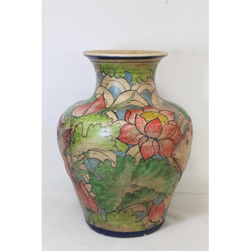 210 - Large Art Pottery painted terracotta vase of baluster form decorated in polychrome with two relief m... 