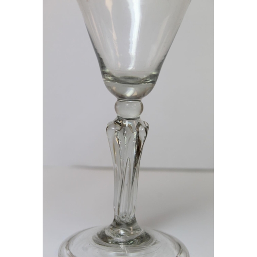 211 - Antique wine glass, the funnel bowl on knopped six sided silesian stem and domed circular folded foo... 