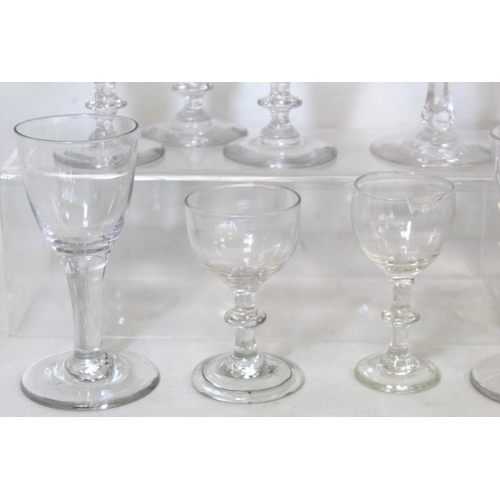 212 - Collection of fifteen antique drinking glasses including: a pair of flutes with faceted trumpet bowl... 