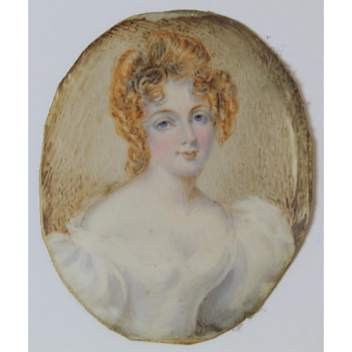 214 - 19th century portrait miniature of a lady, watercolour on ivory, 7.5cm x 6cm (oval), unsigned, conta... 