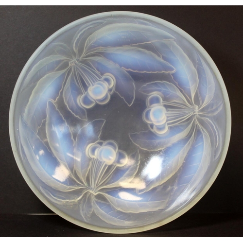 215 - French Art Deco opalescent moulded glass bowl by G. Vallon, with relief moulded decoration of cherri... 