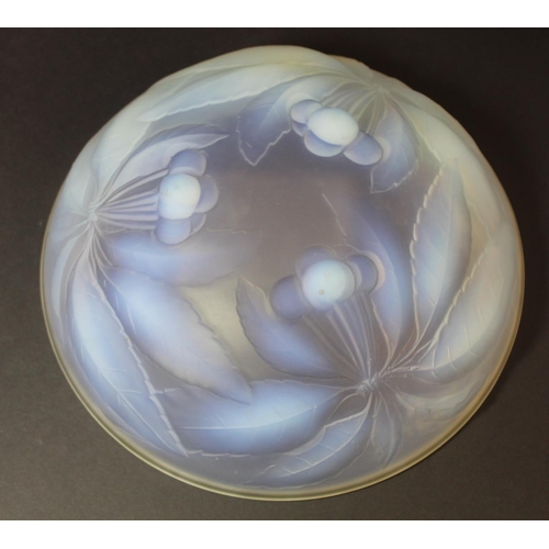 215 - French Art Deco opalescent moulded glass bowl by G. Vallon, with relief moulded decoration of cherri... 