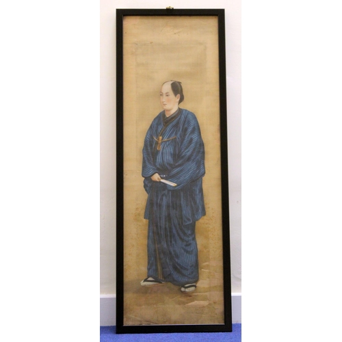 218 - Early 20th century Japanese double sided ancestor portrait painting of a man and woman, both wearing... 