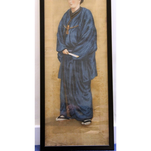 218 - Early 20th century Japanese double sided ancestor portrait painting of a man and woman, both wearing... 