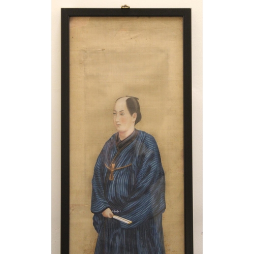 218 - Early 20th century Japanese double sided ancestor portrait painting of a man and woman, both wearing... 