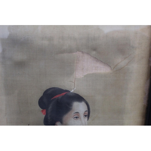 218 - Early 20th century Japanese double sided ancestor portrait painting of a man and woman, both wearing... 