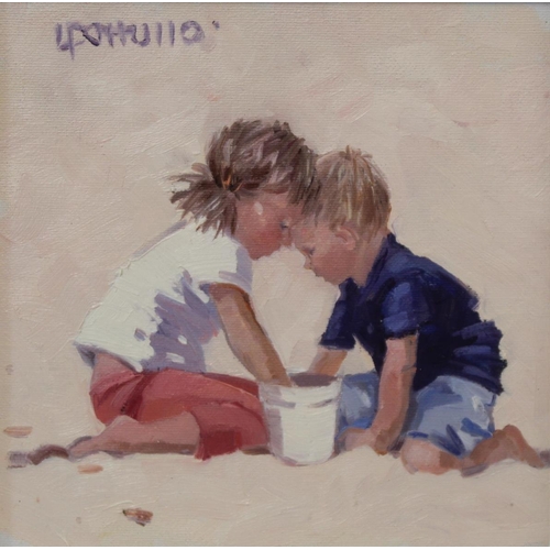 224 - Lin Pattullo (Scottish B.1949).Two children on a beach.Oil on canvas.17cm x 17cm. Signed.... 