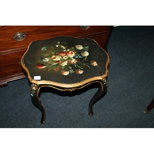 728 - Lacquered floral decorated shaped occasional table.