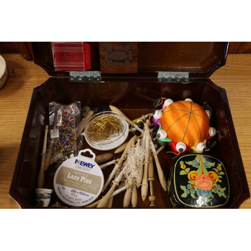 153 - Oriental lacquered box depicting geisha in landscape, and contents.