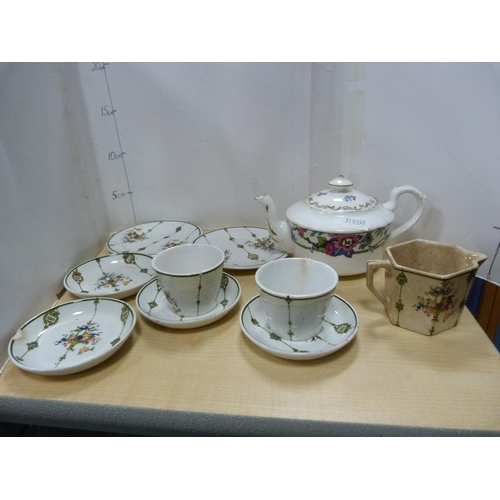 1 - Set of eight champagne glasses with floral decoration, a child's part tea set and four Booth's soup ... 