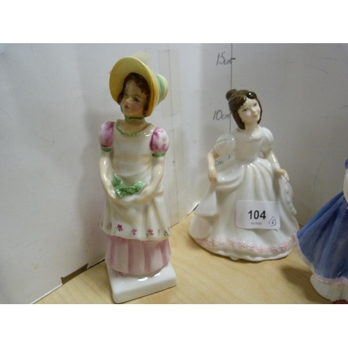 104 - Six Royal Doulton figures, 'Marie' HN 1370, 'Almost Crown', 'Emma', 'Ivy', 'Belle' HN 2340 and 'Aman... 