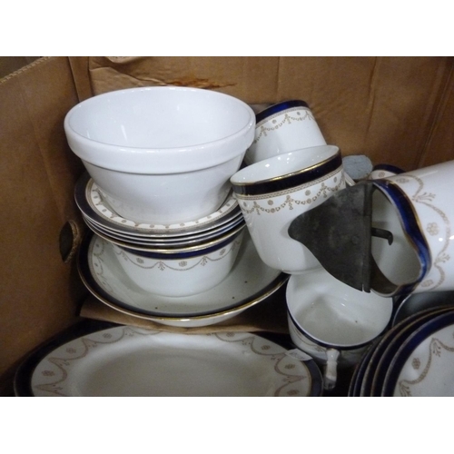 106 - Box containing assorted blue and white pottery dinnerwares.