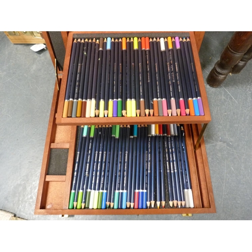 109 - Copper Benares-style table on folding stand, Stabilo crayon set, similar wooden box.