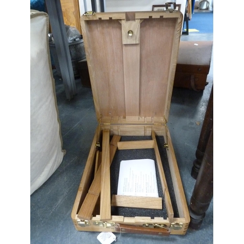 109 - Copper Benares-style table on folding stand, Stabilo crayon set, similar wooden box.