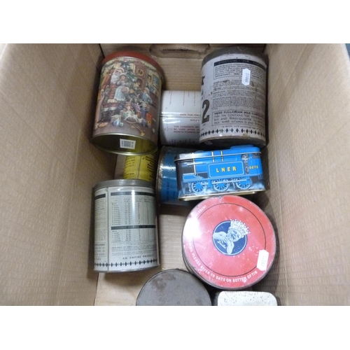 114 - Box containing assorted vintage and later tins including Cow & Gate milk, National dried milk, C... 