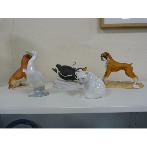 123 - Assorted animal ornaments including Heredities figure of a Boxer dog and another, similar, Nao goose... 