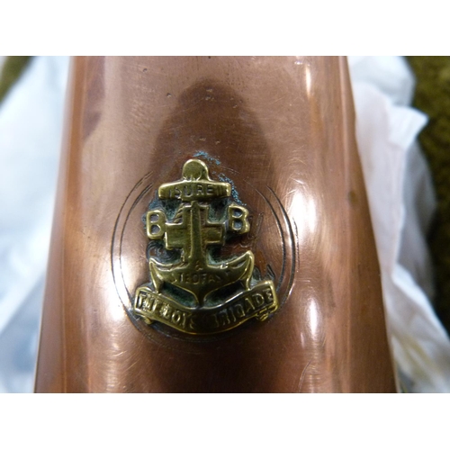 14 - Two Boy's Brigade copper and brass bugles within a painted wooden box.