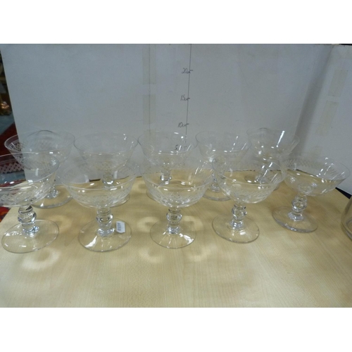 2 - Baccarat-style suite of glass including two decanters and a set of ten matching champagne glasses wi... 