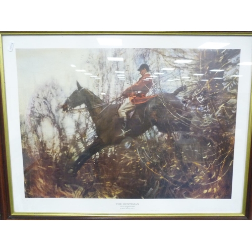 28 - Two hunting prints, 'The Huntsman' after Alfred J Munnings and another, also an oleograph.  (3)