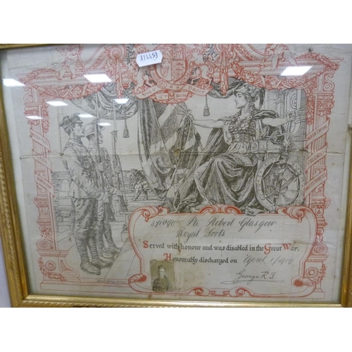 5 - World War I sweetheart postcard collage, framed, World War I discharge certificate for 371890 Privat... 