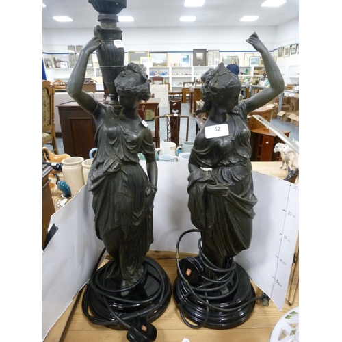 52 - Pair of late 19th/early 20th century bronzed spelter female figural table lamps (one a/f).