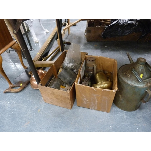 58 - Saw, copper plunger, boxes of brassware, paraffin-type lamp, accessories, watering can etc.