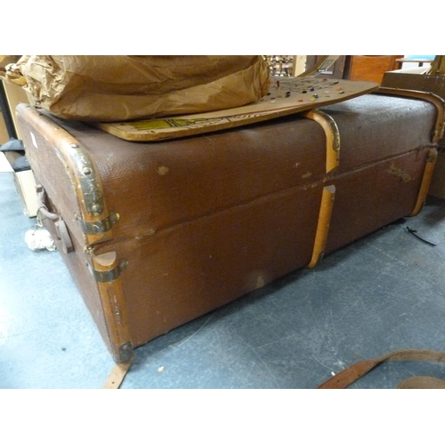 61 - Vintage travel trunk, folding clothes horse, old belts,  sheet music, cricket bat, roller skates etc... 