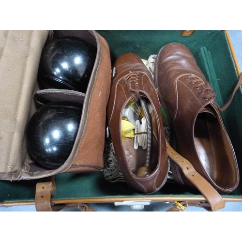 63 - Pair of BF bowling balls with ivory-style mounts and bowling shoes, accessories, cased.