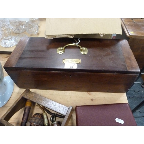 66 - Mahogany collector's box with brass handle with plaque to the top reading 'Depth & Rule Recorder... 