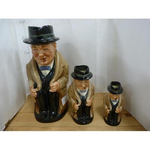 71 - Three Royal Doulton Winston Churchill graduated toby jugs, the largest stamped 8360 to the underside... 