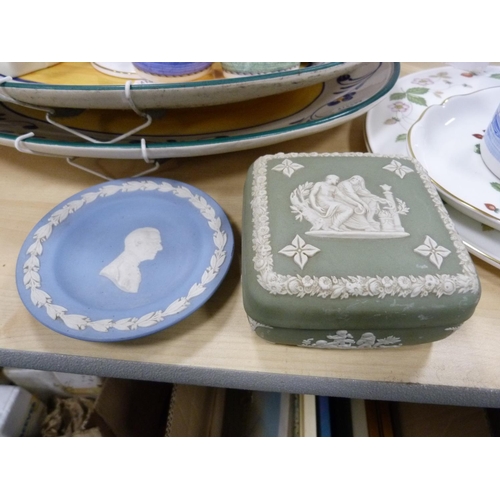 8 - Wedgwood green Jasper Ware box and cover, pin box and cover, Wedgwood blue Jasper Ware circular pin ... 