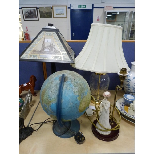 9 - Two modern table lamps with shades, globe table lamp and a modern figural table lamp.  (4)